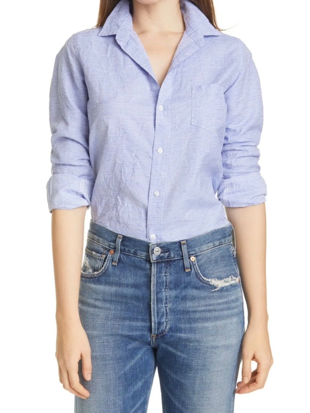 Frank & Eileen Barry Stripe Button Up Blue Crinkle Linen Cotton Shirt